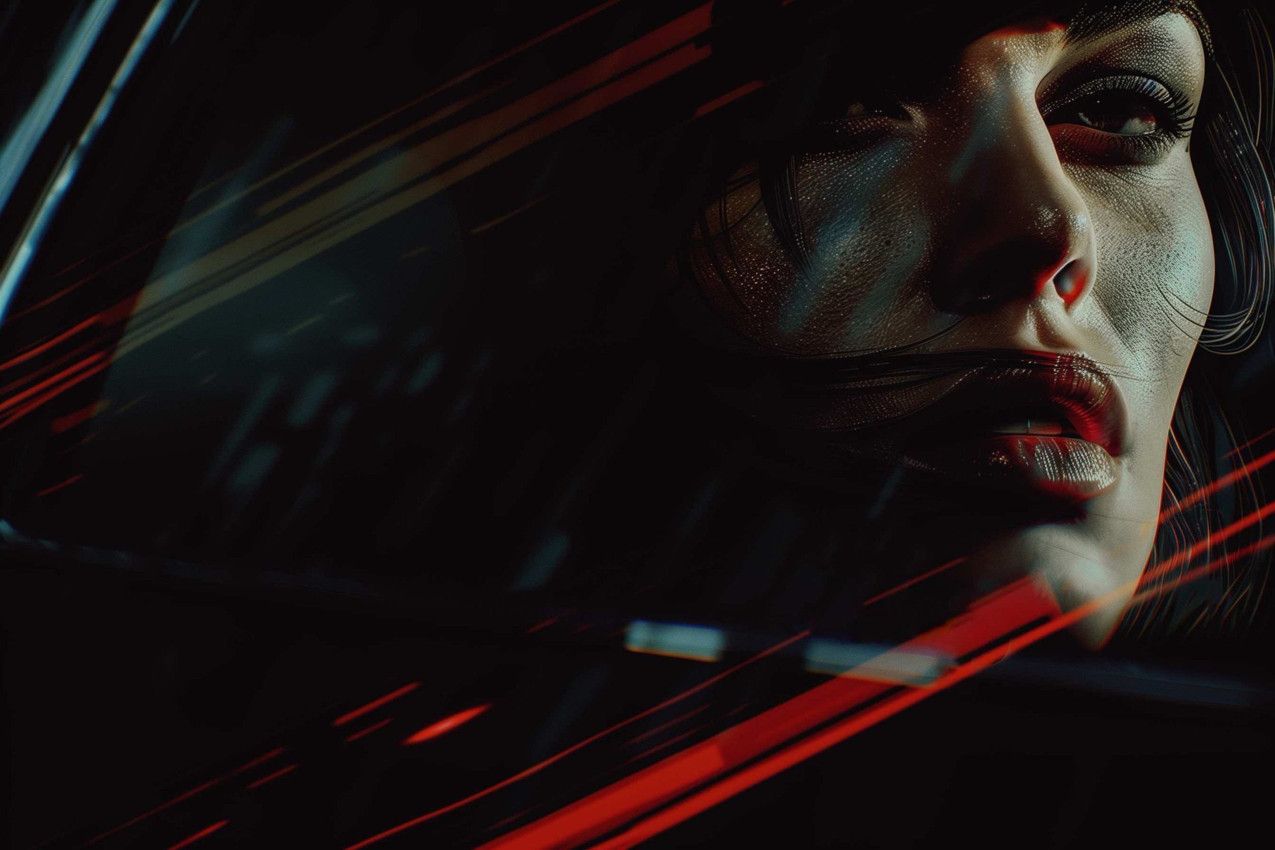 Digital artwork of a woman's face with glowing elements, dark background, using red and blue streaks of light.