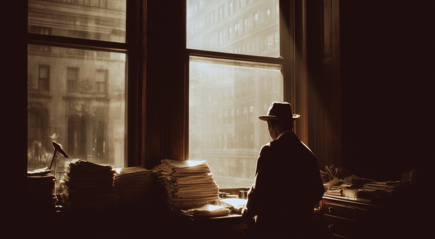 Silhouette of a man wearing a hat, sitting at a desk with piles of papers in a dimly lit office, looking out a large window at city buildings.