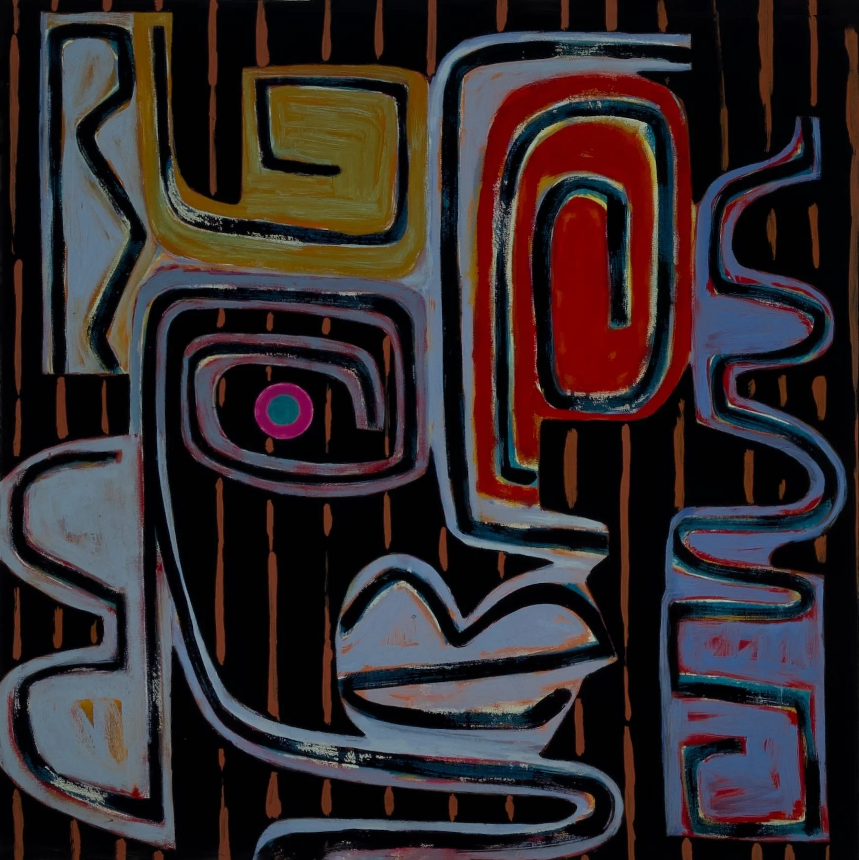 Abstract colorful painting with the word 'explore' written vertically on the right side, featuring bold lines, geometric shapes, and vibrant colors including red, yellow, pink, blue, and black.