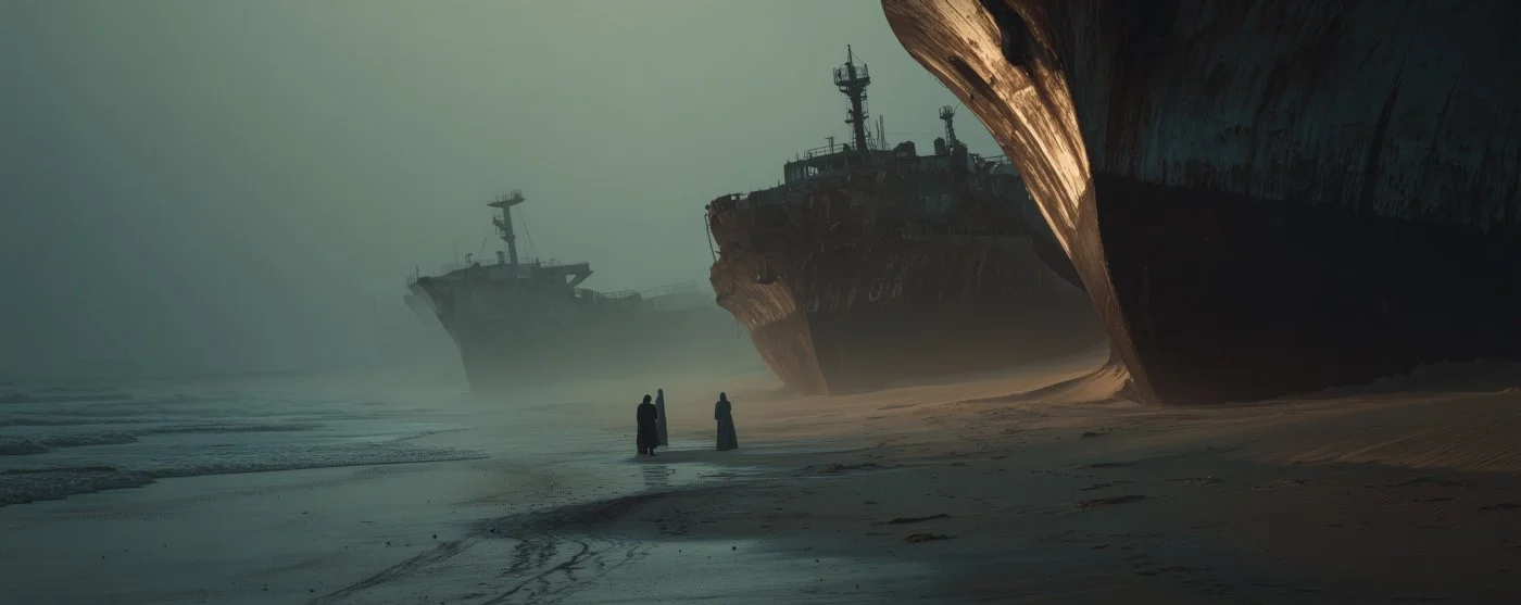 Three figures standing on a deserted beach near large shipwrecks on the sand, under a hazy sky.