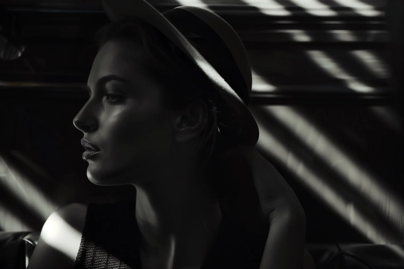 Black and white photo of a woman in profile wearing a hat.