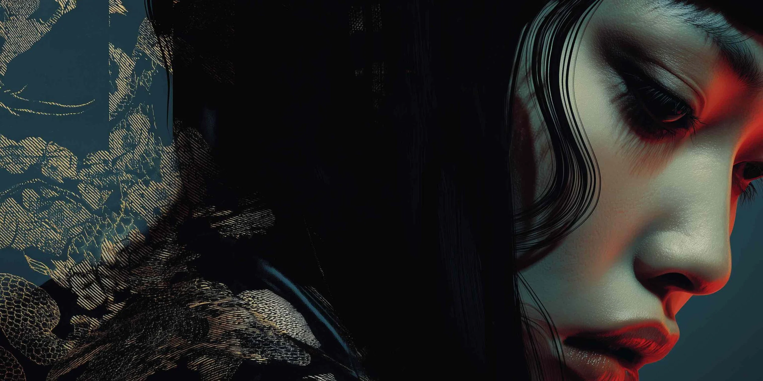 Close-up of a woman's face with smooth skin, dark hair, and makeup, captured in a digital art style with abstract, textured patterns on the left side of the image.