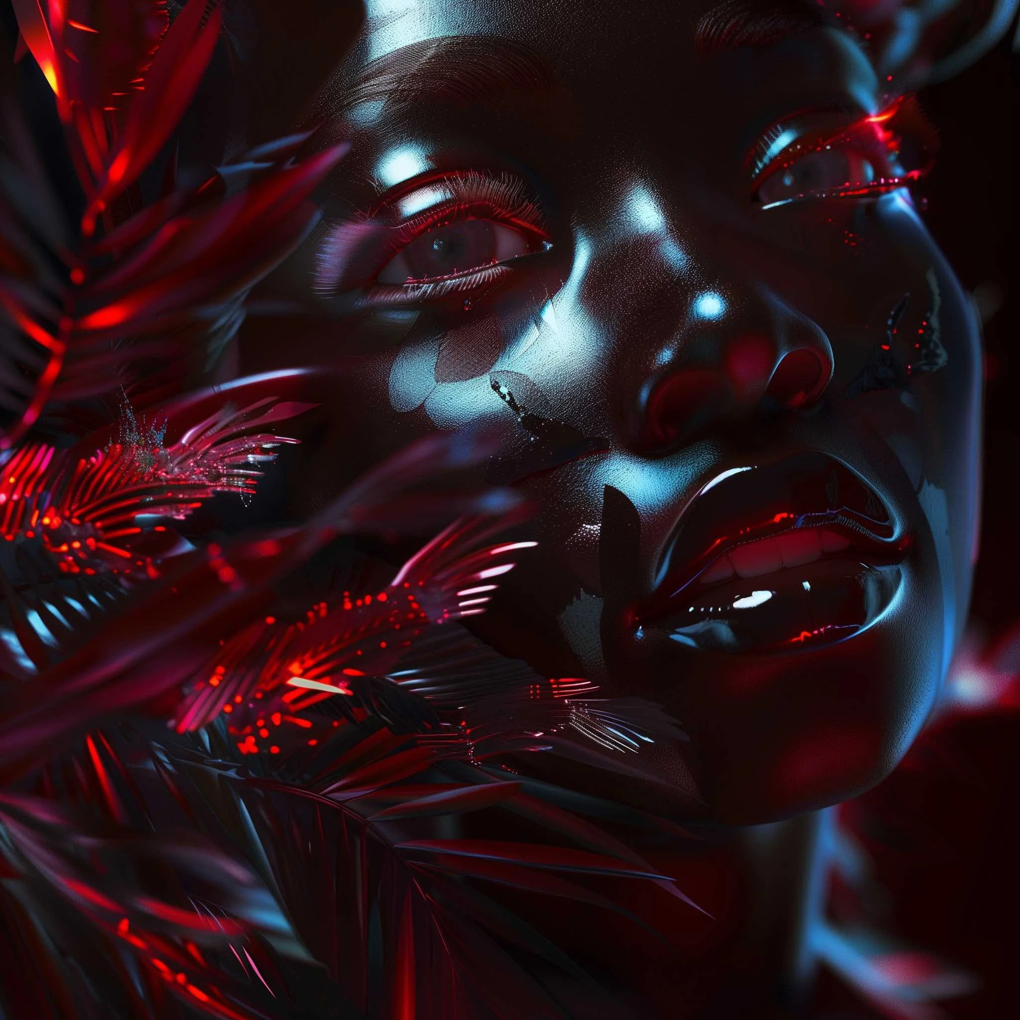 A dark, abstract digital artwork featuring a humanoid face with metallic and illuminated elements, surrounded by swirling red, blue, and black patterns.