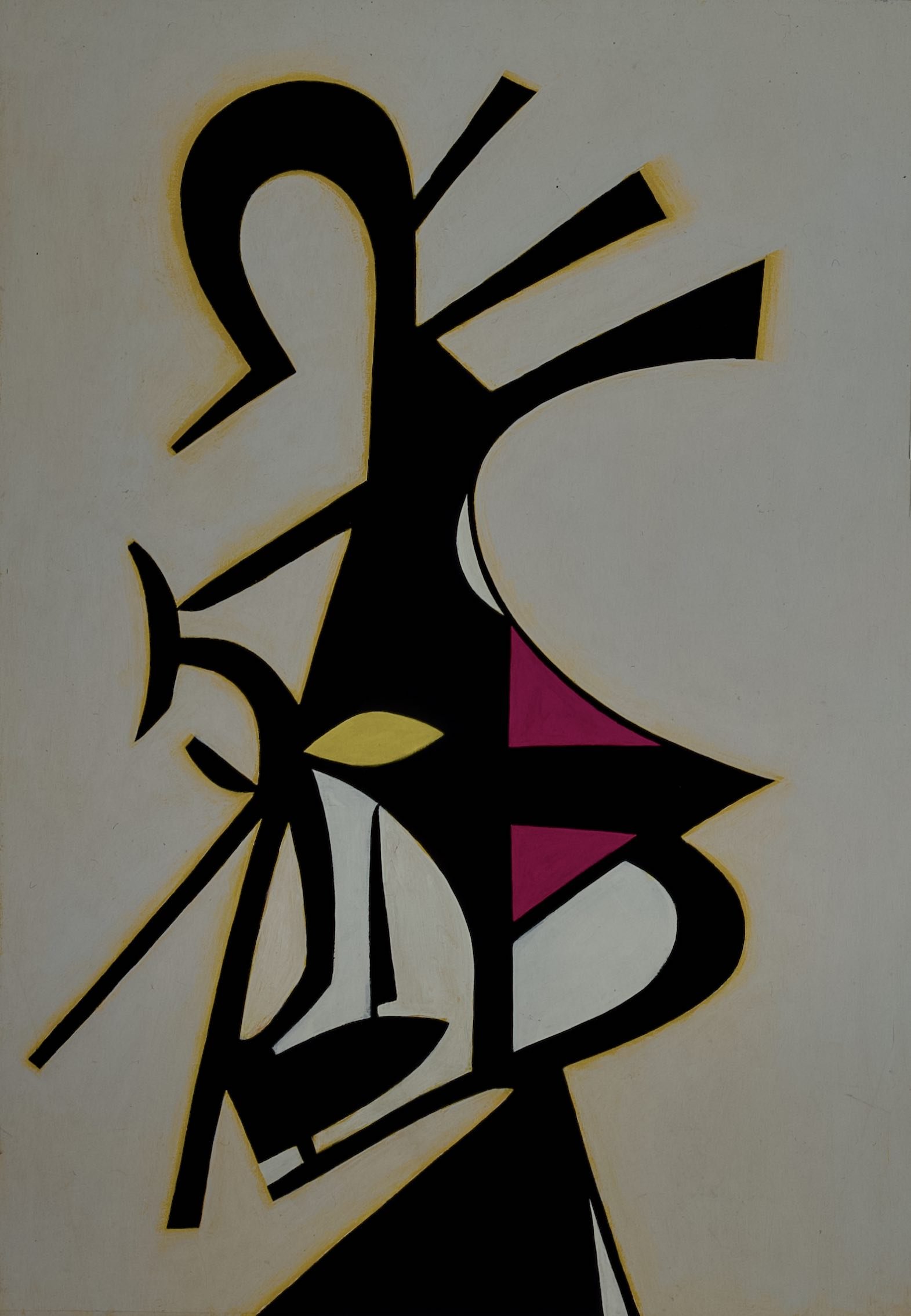 Abstract artwork with black outlines and shapes, including yellow, white, and pink accents on a light background.