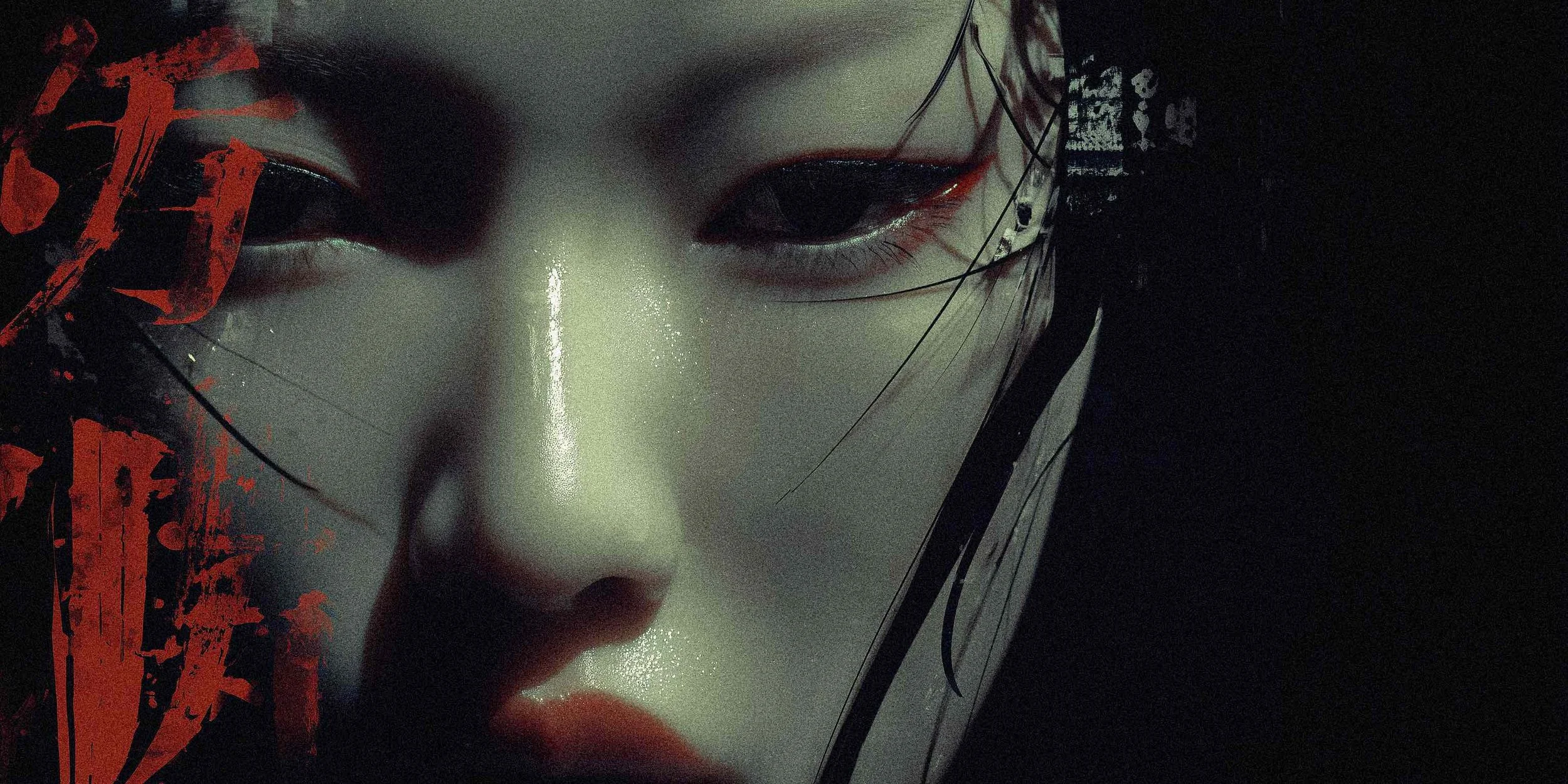 Close-up of a face with pale skin, red and black makeup around the eyes, and black hair. The background has red and black abstract patterns.