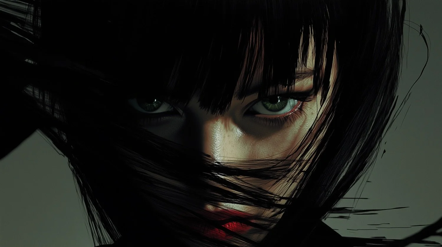 A woman's face partially obscured by her dark hair, with piercing green eyes and intense expression.