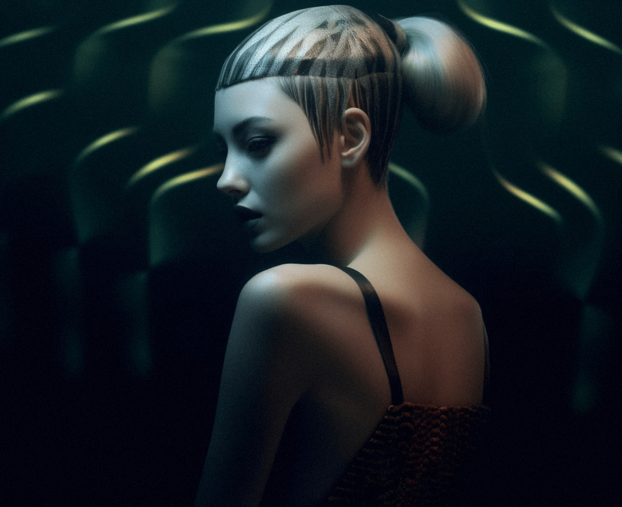 A woman with an artistic short haircut and makeup, wearing a strap top, is posed in a dark setting with greenish lighting and abstract patterns on the background.