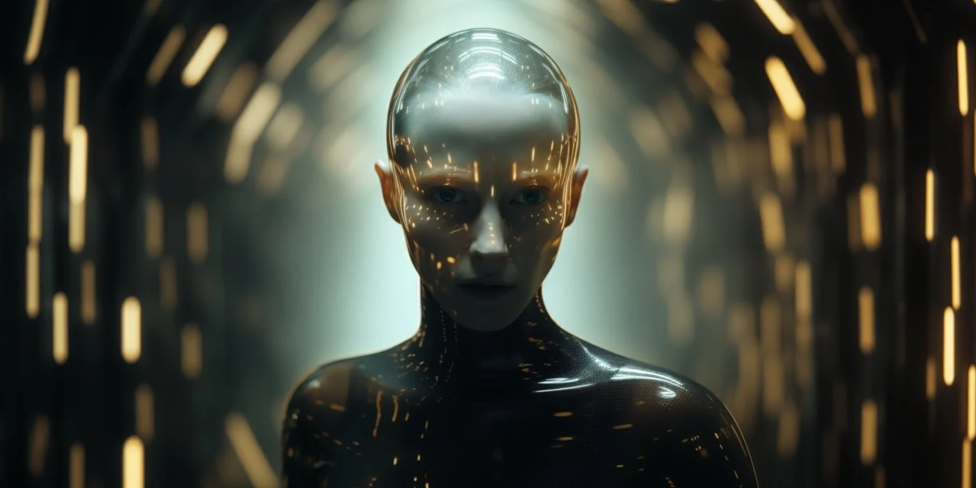 A humanoid robot with a shiny, metallic head and upper body in a futuristic setting with glowing lights.