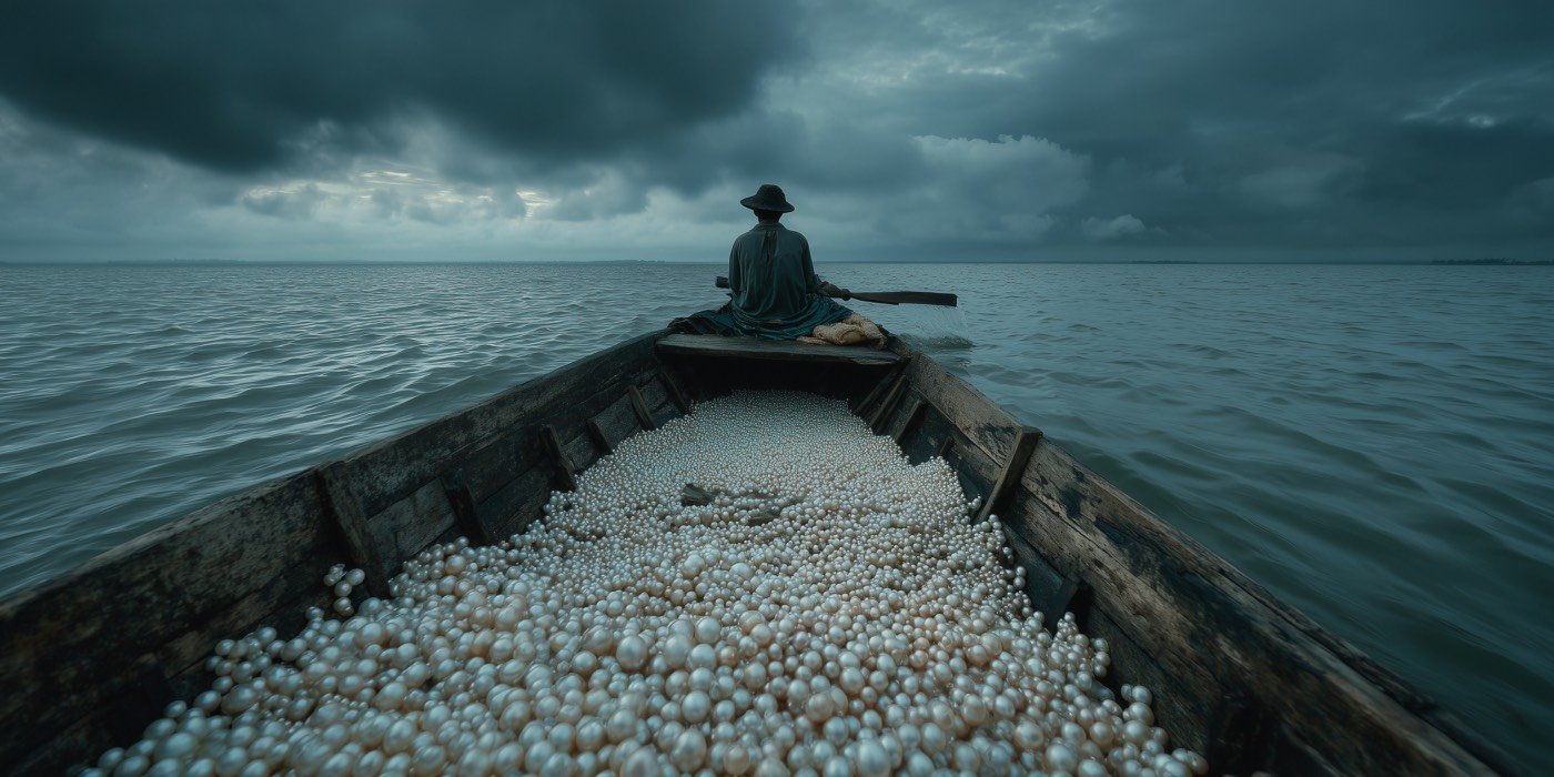 A person sitting in a small wooden boat filled with white pearls, paddling on a vast, calm body of water under a dark, cloudy sky.