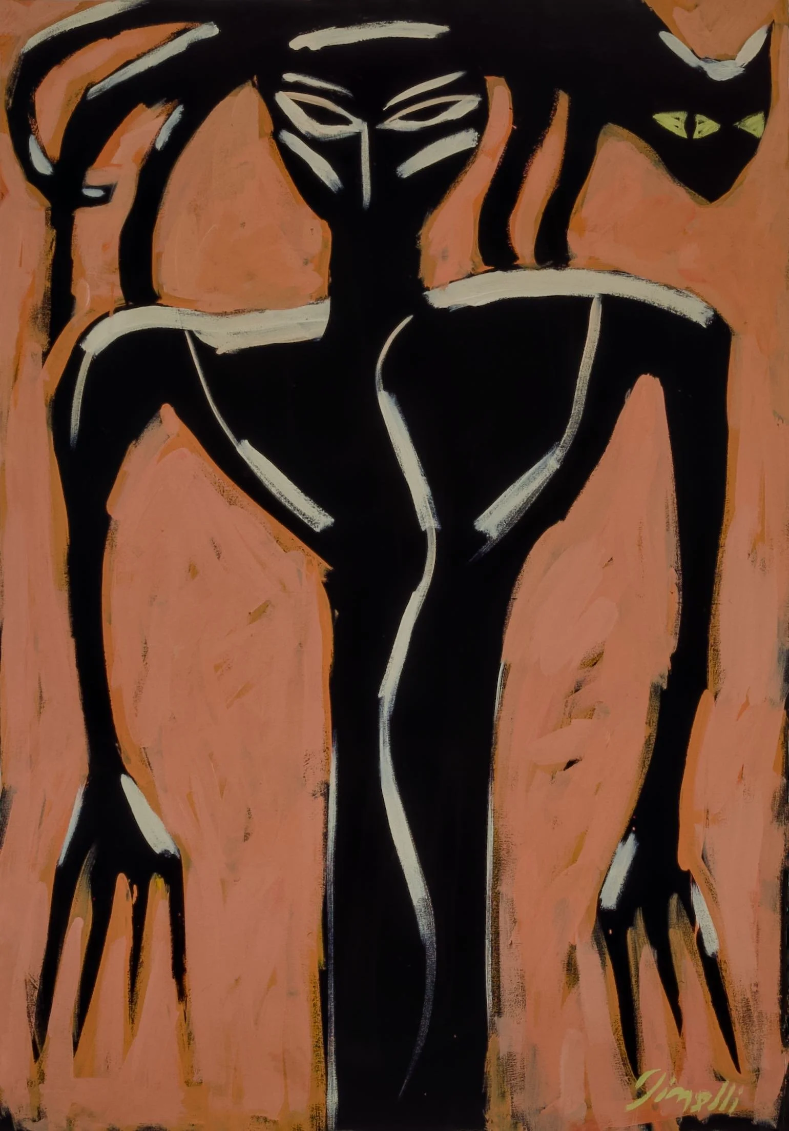 Abstract painting of a black panther with white highlights on a peach background.