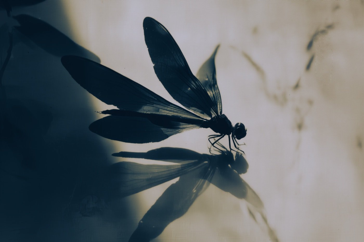 A black dragonfly resting on a reflective surface, with its shadow cast below.