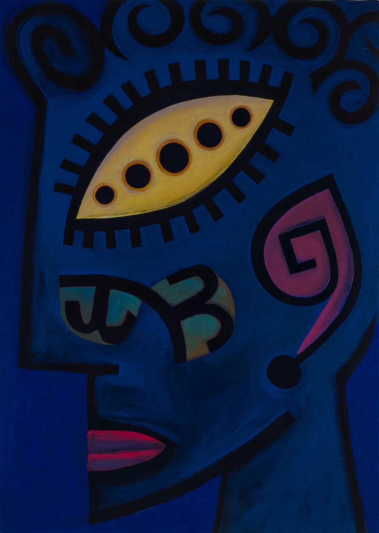 Abstract painting of a human face with prominent yellow eye containing black circles, set against a dark blue background with pink, green, and black accents.