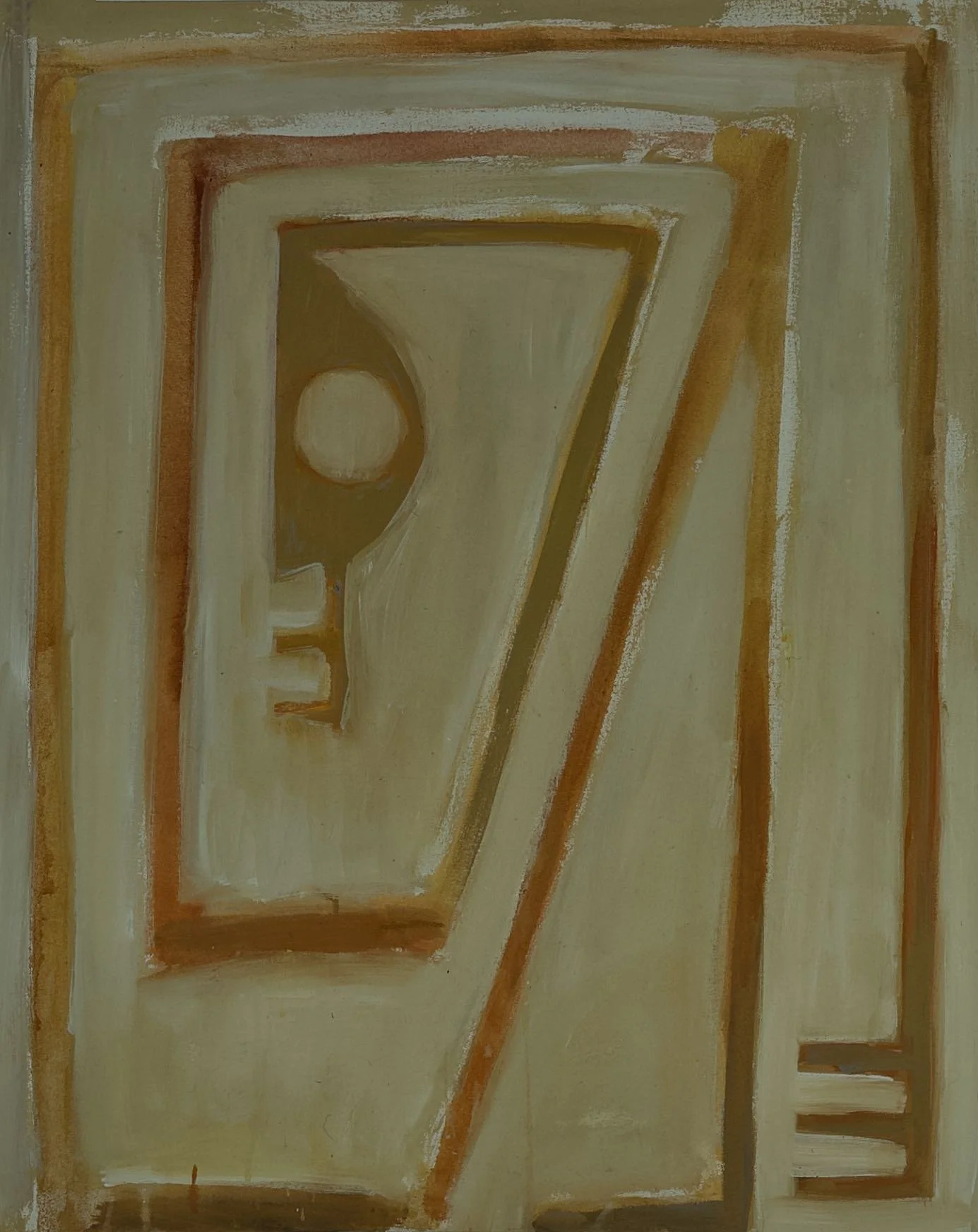 Abstract painting with geometric shapes, including a circle and various lines in earthy tones of beige, brown, and off-white.