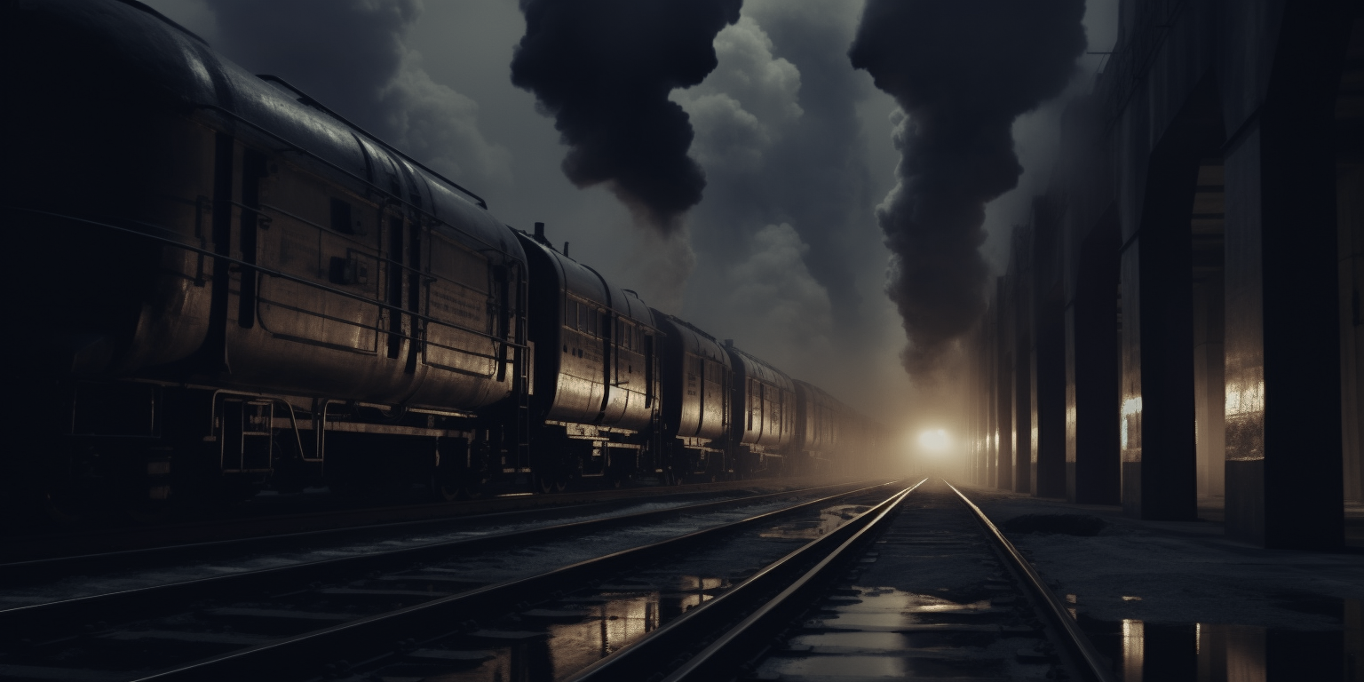 A dark train in a cityscape with industrial buildings, billowing black smoke, and a bright light in the distance.
