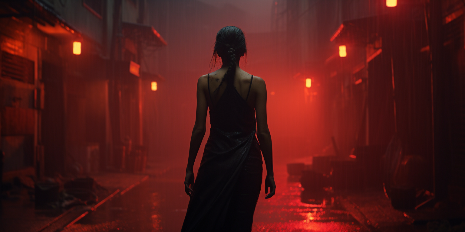 A woman walking down a dimly lit corridor illuminated with red lights.