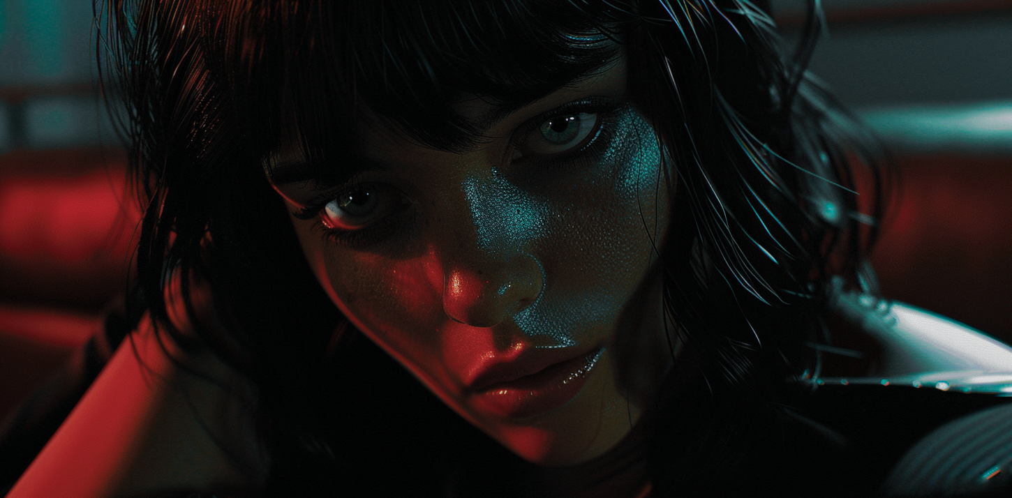 A close-up of a woman with wet black hair and intense eyes, illuminated with red and blue lighting, giving an edgy and dramatic mood.