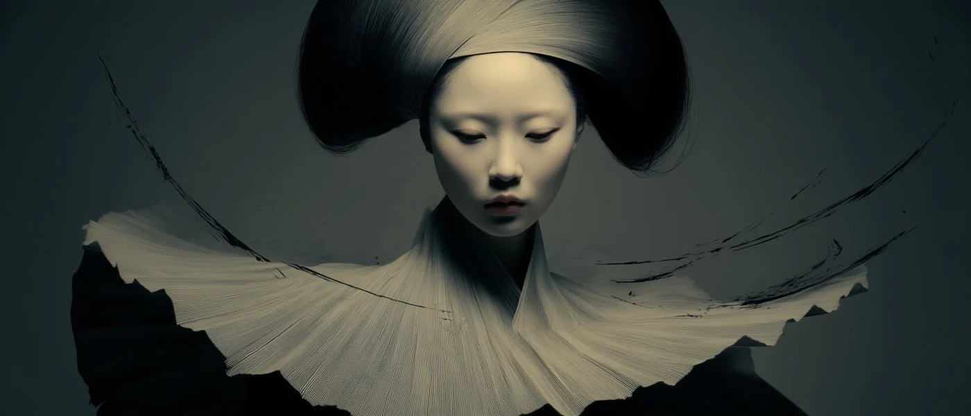 A woman with a traditional Japanese hairstyle and makeup, dressed in a kimono, with an abstract, artistic background.