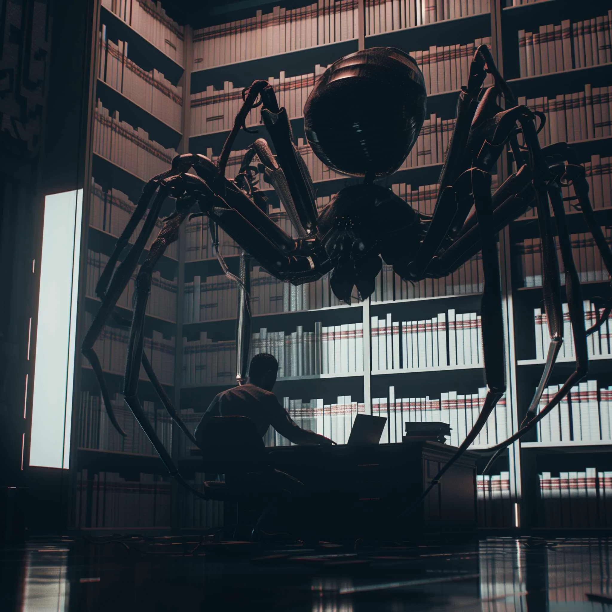 A person sitting at a desk with a laptop and books, in a large room filled with bookshelves, with a giant robotic spider overhead.