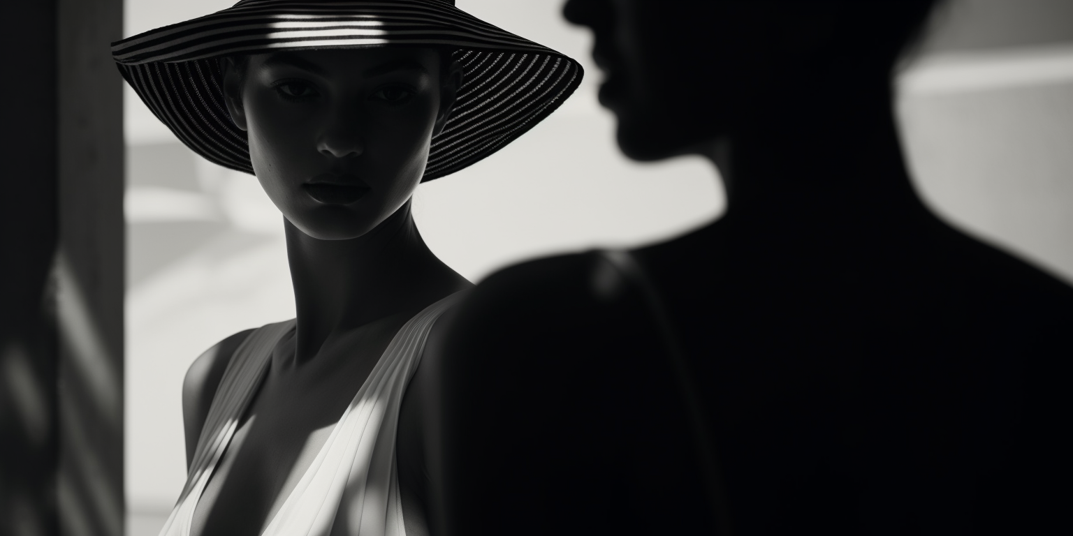 Fashionable woman wearing a large striped sun hat looking sideways, with her face partially illuminated, and another person beside her in silhouette.