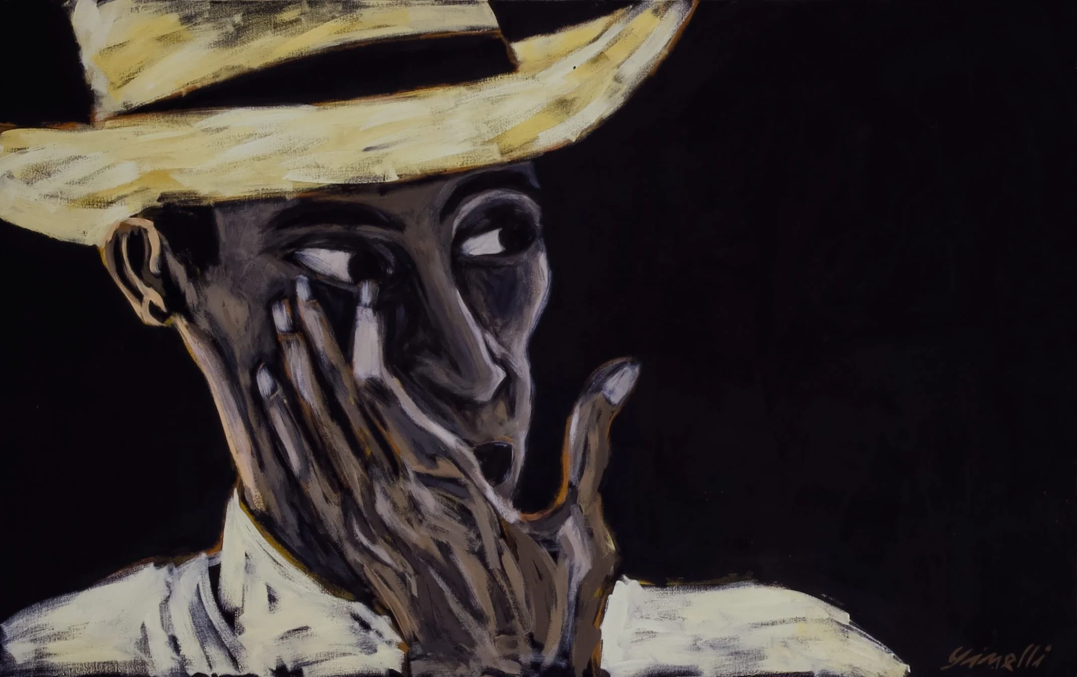 A painting of a person wearing a large yellow hat, with their hand resting on their face against a black background.
