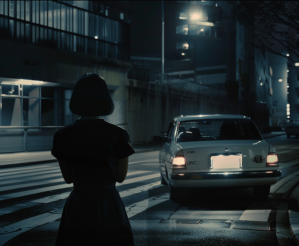 A woman with shoulder-length hair standing on a city street at night, looking at a parked car near a crosswalk, illuminated by streetlights and building lights.