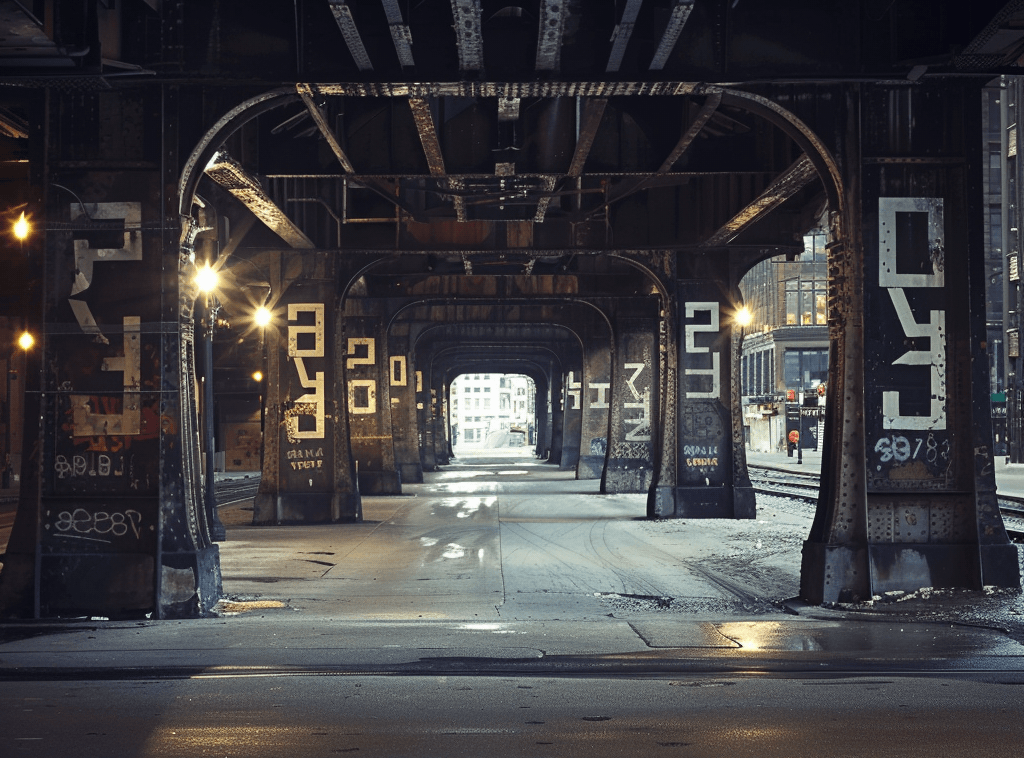 Underneath a bridge with graffiti-covered metal support beams, city street with tracks and a sidewalk, some buildings, and a person walking in the distance.