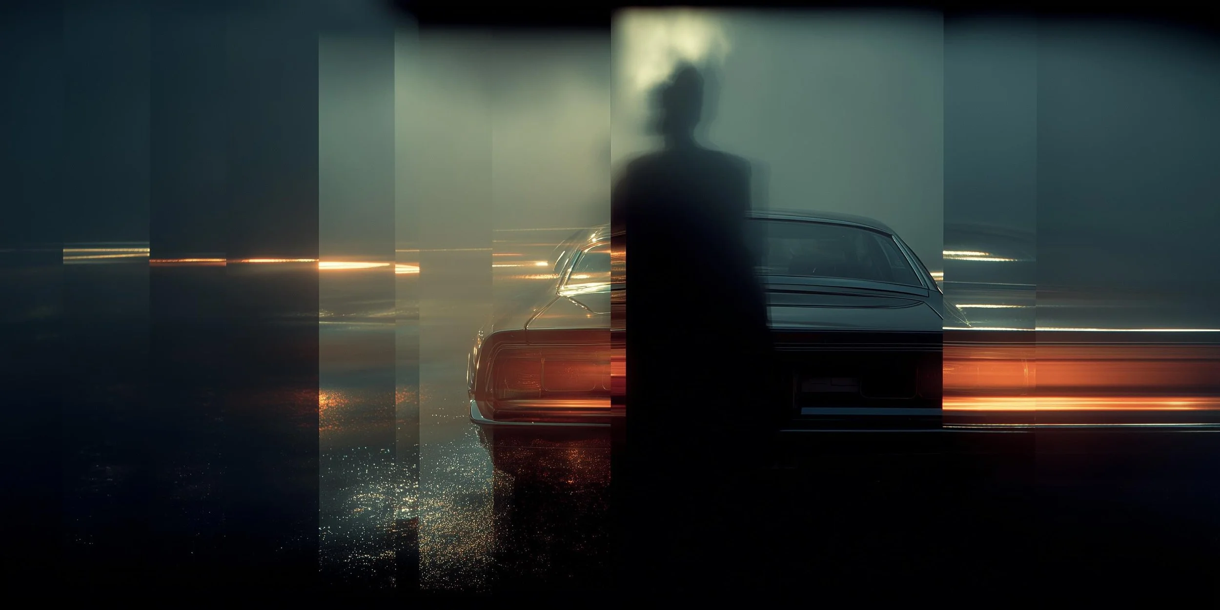 A dark, moody scene with a silhouette of a person standing in front of a vintage car, with streaks of light and reflections creating a cinematic atmosphere.
