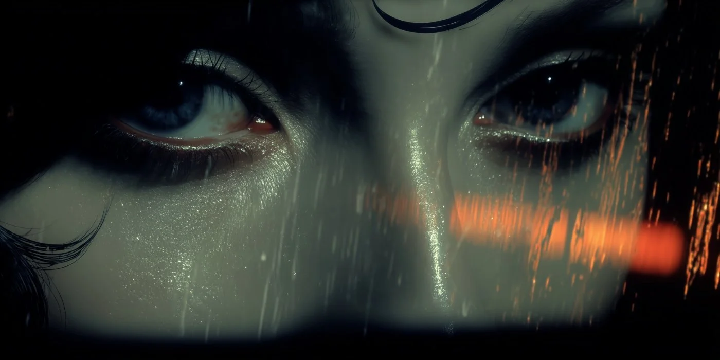 Close-up of a person's face illuminated by a computer screen, showing blue eyes and detailed facial features with reflections and light streaks.