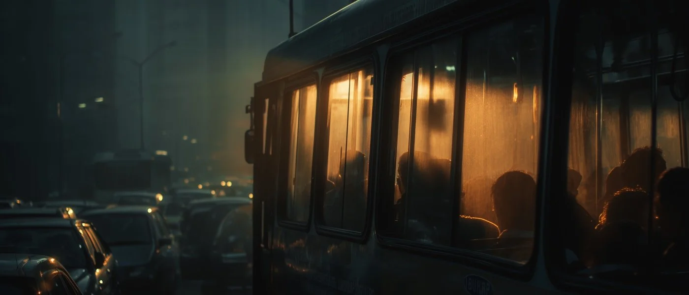 People riding a bus during sunset in a city with parked cars.