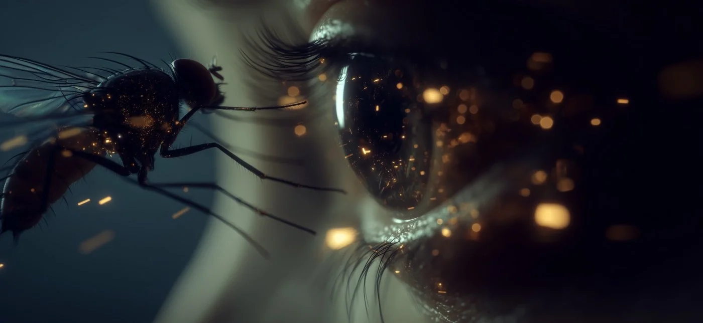 Close-up of a fly near a person's eye with reflections and sparks on the eye's surface.