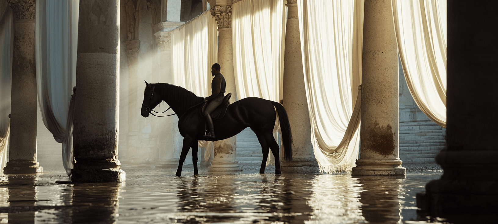 A person riding a horse inside a grand hall with tall columns and large draped curtains, with water on the floor.