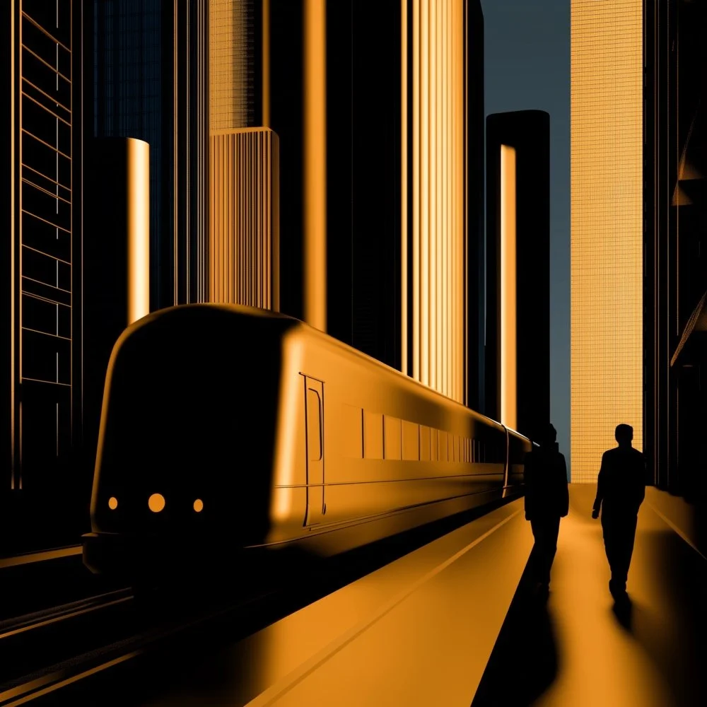 Silhouette of two people walking on a city street at night with a modern train and tall illuminated skyscrapers in the background.