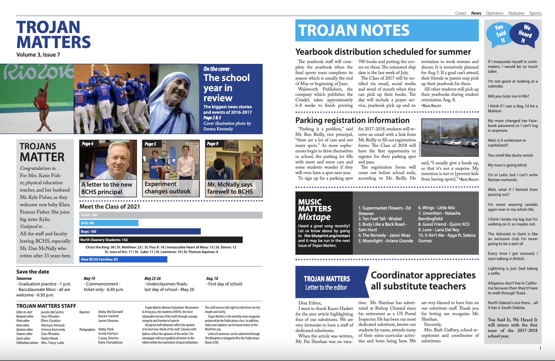 May 2017 | copy: "Yearbook distribution scheduled for summer" (p1), "Meet the Class of 2021" (p1). | 
design: pIC-1 