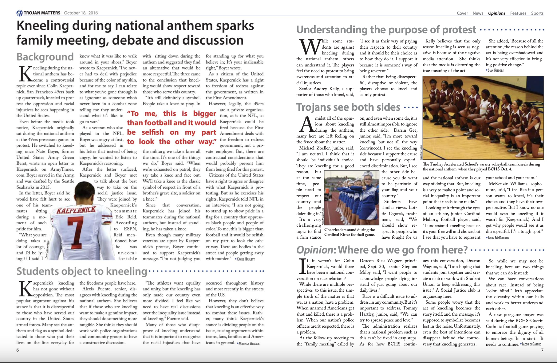 October 2016 | copy: "Kneeling during national anthem sparks family meeting, debate and discussion" (p6), "Trojans work to finish their homework" (p10). | design: p10-11
