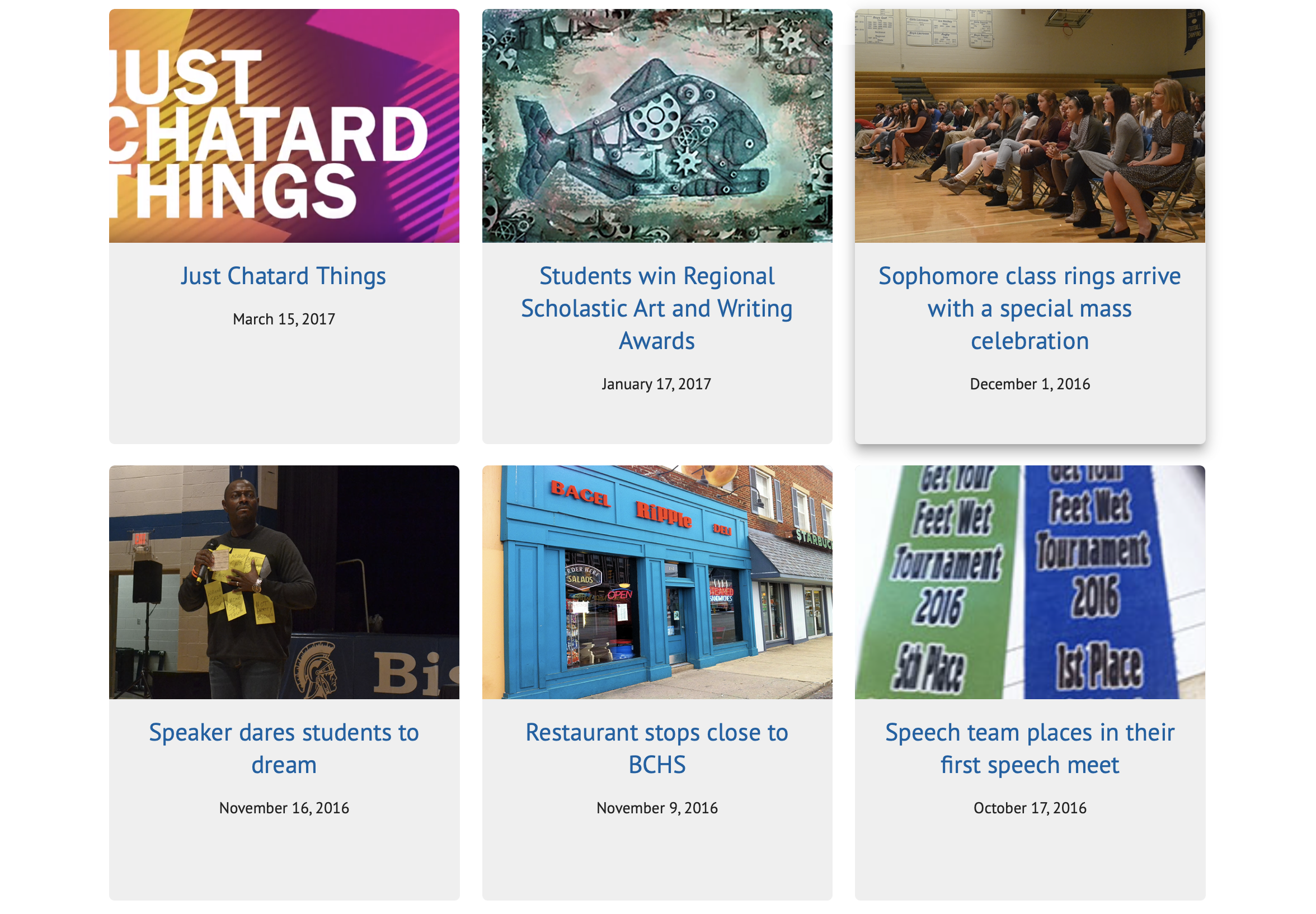 2016-17 Blueprint Stories: "New security measures added to Bishop Chatard" | "Restaurant stops close to BCHS" | "Speech team places in their first speech meet" | "Speaker dares students to dream" | "Sophomore Class rings arrive with a special mass ce