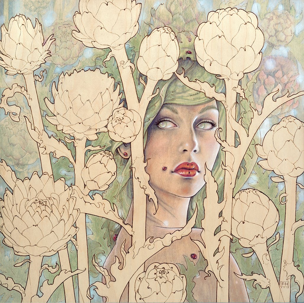 'Cynara'
20"x20"
Pyrography and natural pigments on wood 