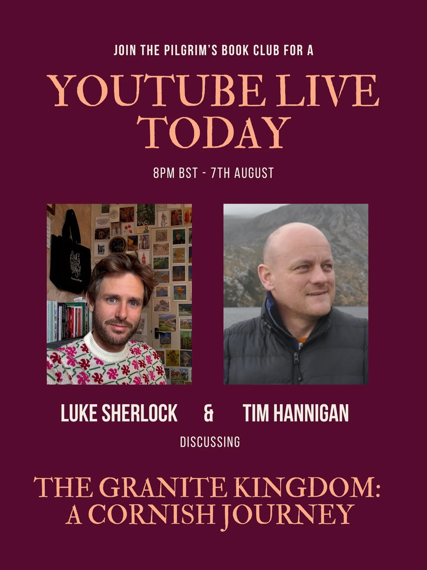 ✨ The Pilgrim&rsquo;s Book Club ✨

Well, today is the day. Our first ever YouTube Live will be at 8pm UK Time (BST) on August 7th (Thursday). Our co-owner Luke will be hosting the session and putting question to @tim_hannigan1 about &ldquo;The Granit