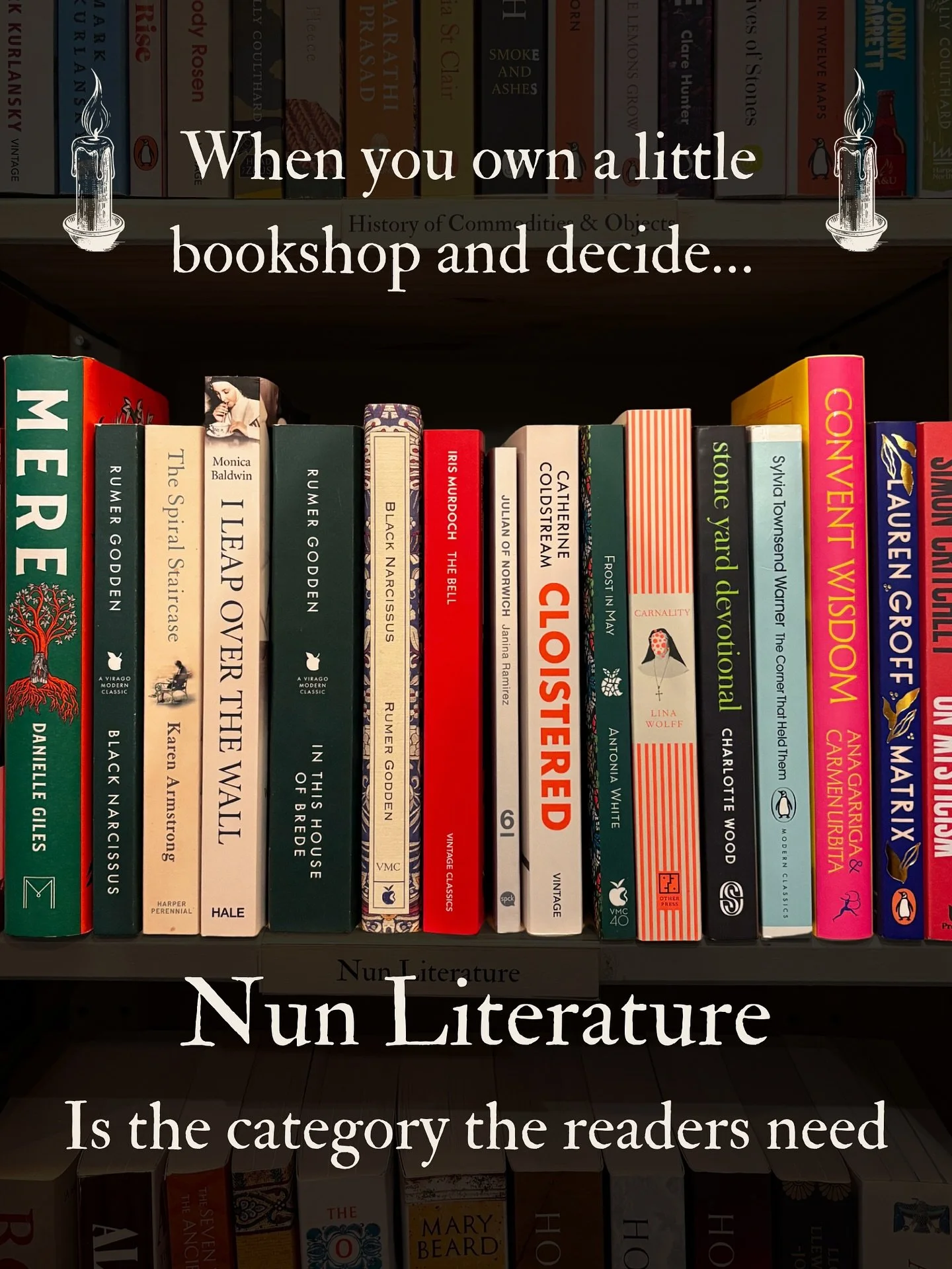 🕯️Nun Literature 🕯️

We had a marketing meeting today. Ven diagrams and charts galore. The verdict? We needed to showcase our new nun literature category as this was the most effective way to boost sales as we head towards Christmas. It has indeed 