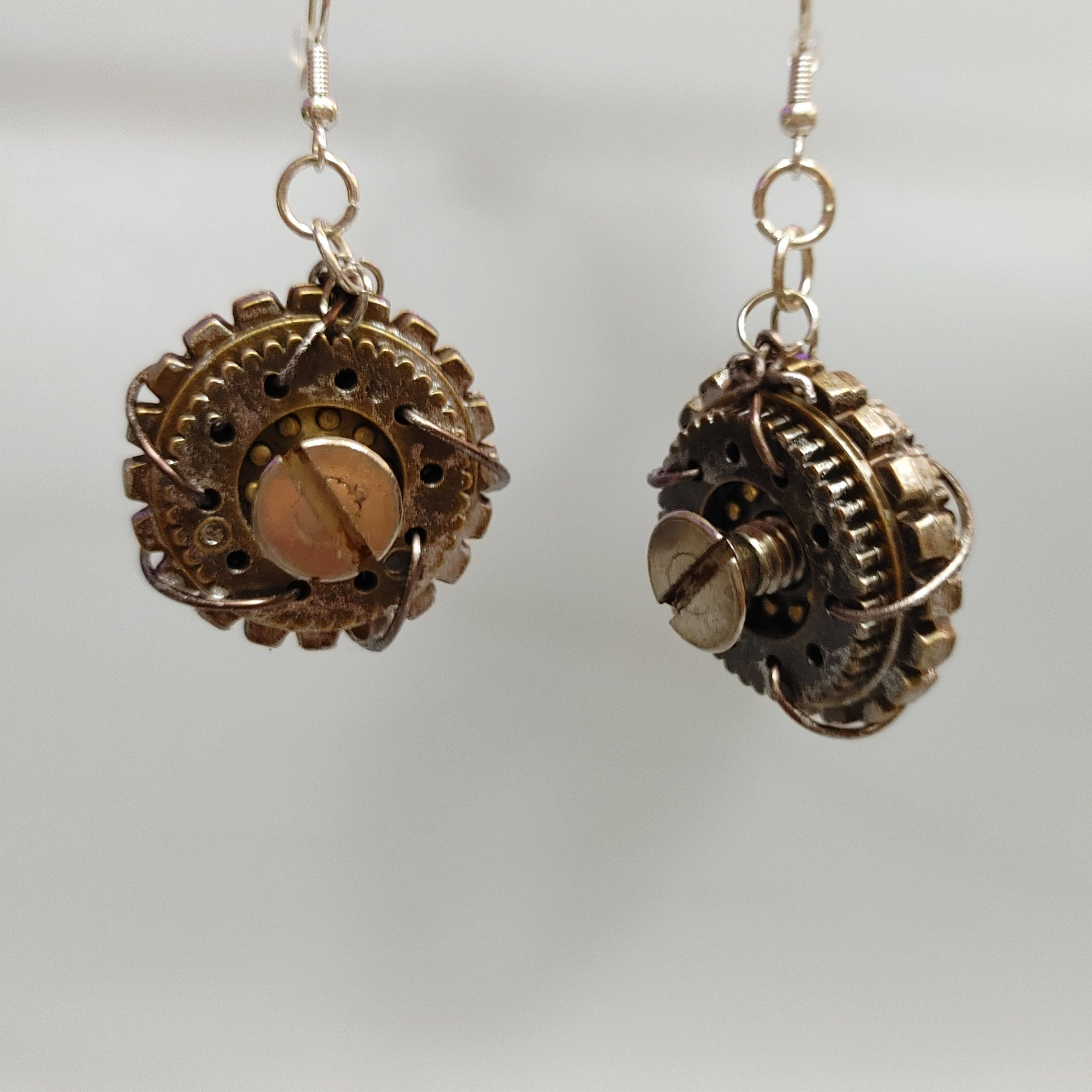 Steampunk Round Earrings | Gears | Weathered | Clock Hands | Silver Bronze Copper