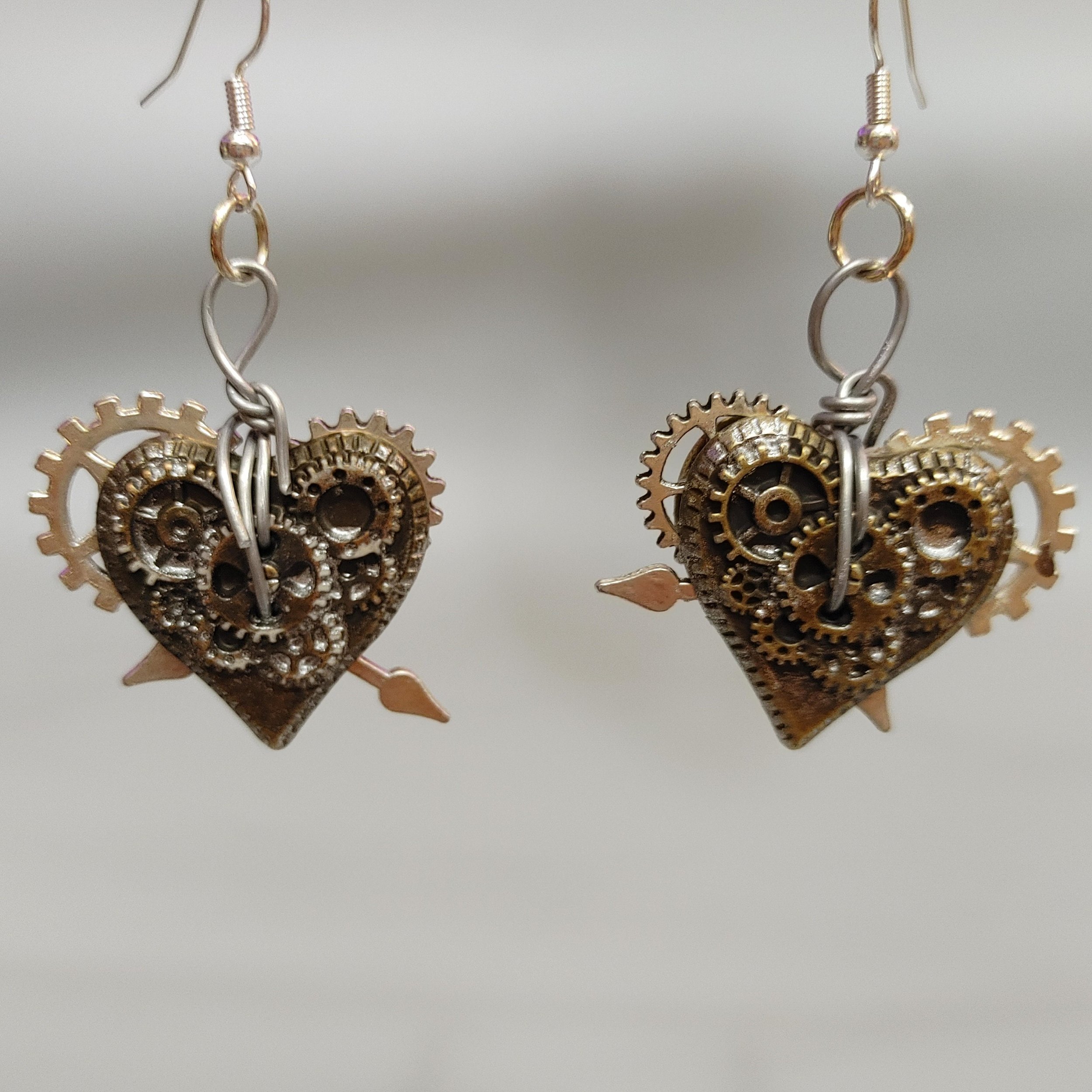 Steampunk Heart Earrings | Gears | Weathered | Clock Hands | Silver Bronze Copper