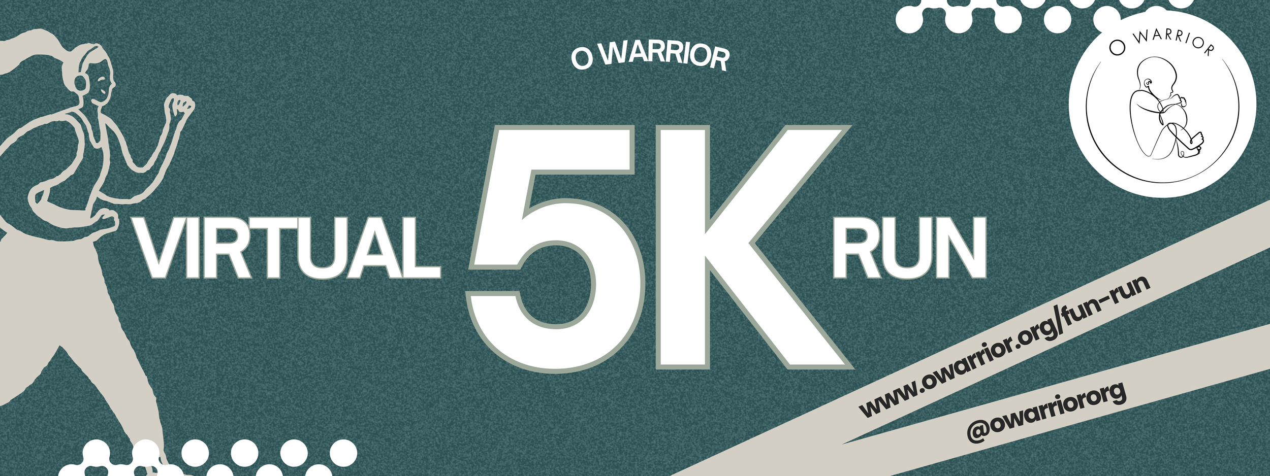 Graphic promoting a virtual 5K run organized by O Warrior, featuring a silhouette of a running woman, the event title, and website and social media links.