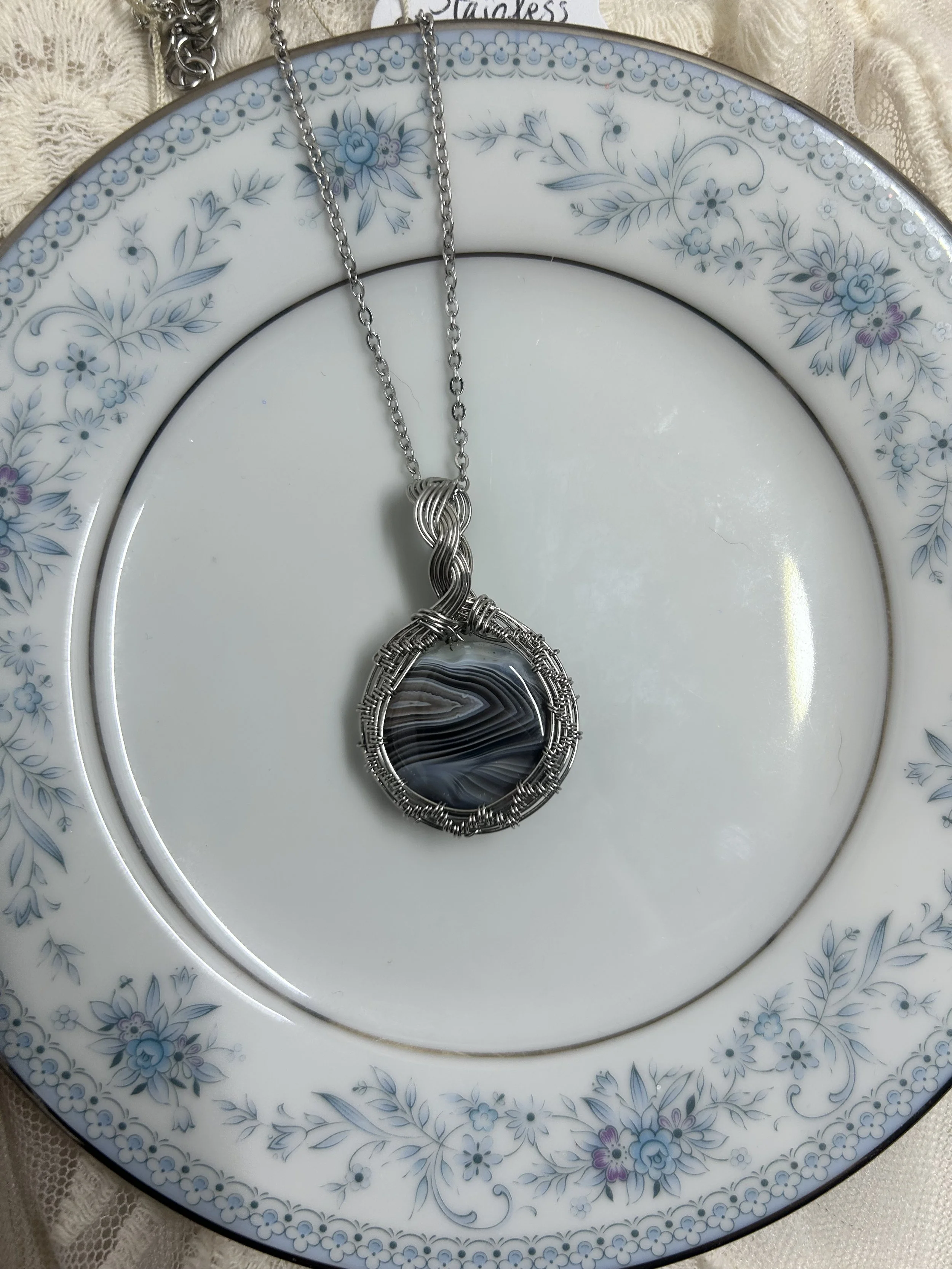 Stainless Steel Botswana Agate Necklace