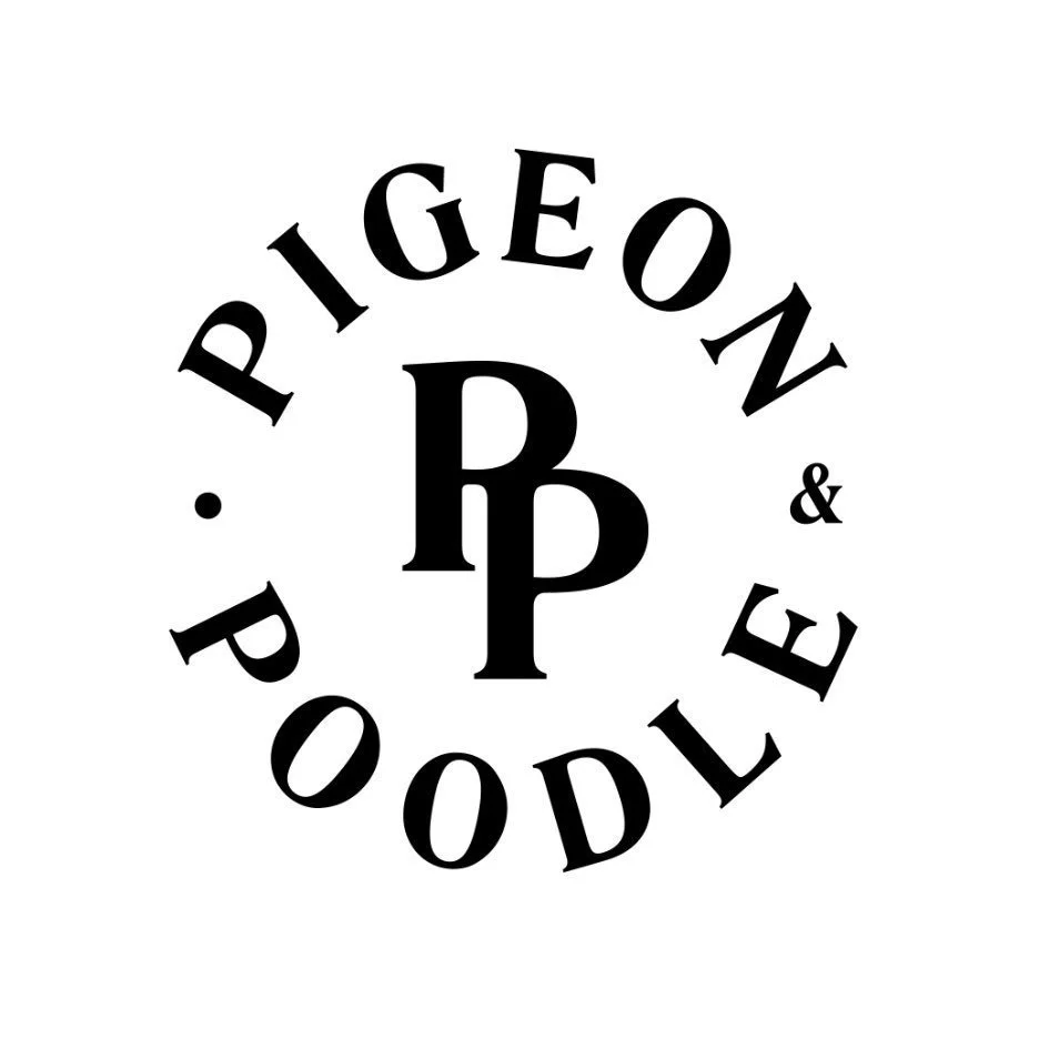 Black circular logo with the text 'PIGEON & POODLE' curved around the top and bottom, and a large 'PP' monogram in the center.