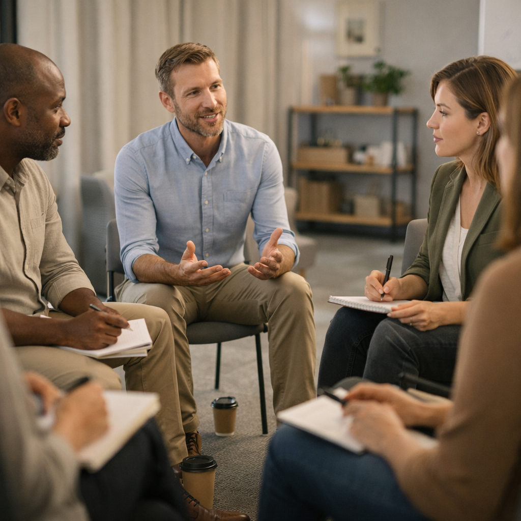 A man with glasses and a beard sitting and talking to three others in a room with a bulletin board and plants.