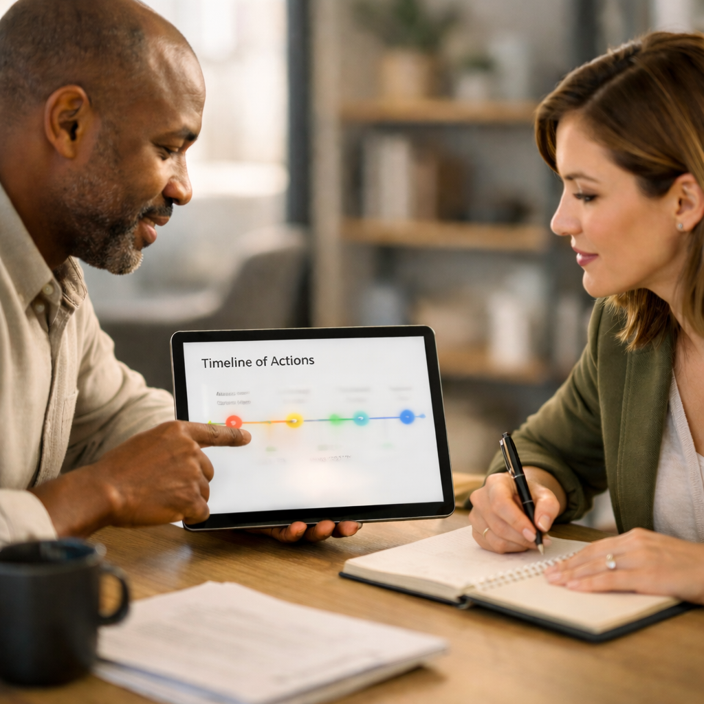 A man and woman having a business meeting in an office. The man is explaining something to the woman, with a presentation of upward trending charts and graphs in the background.