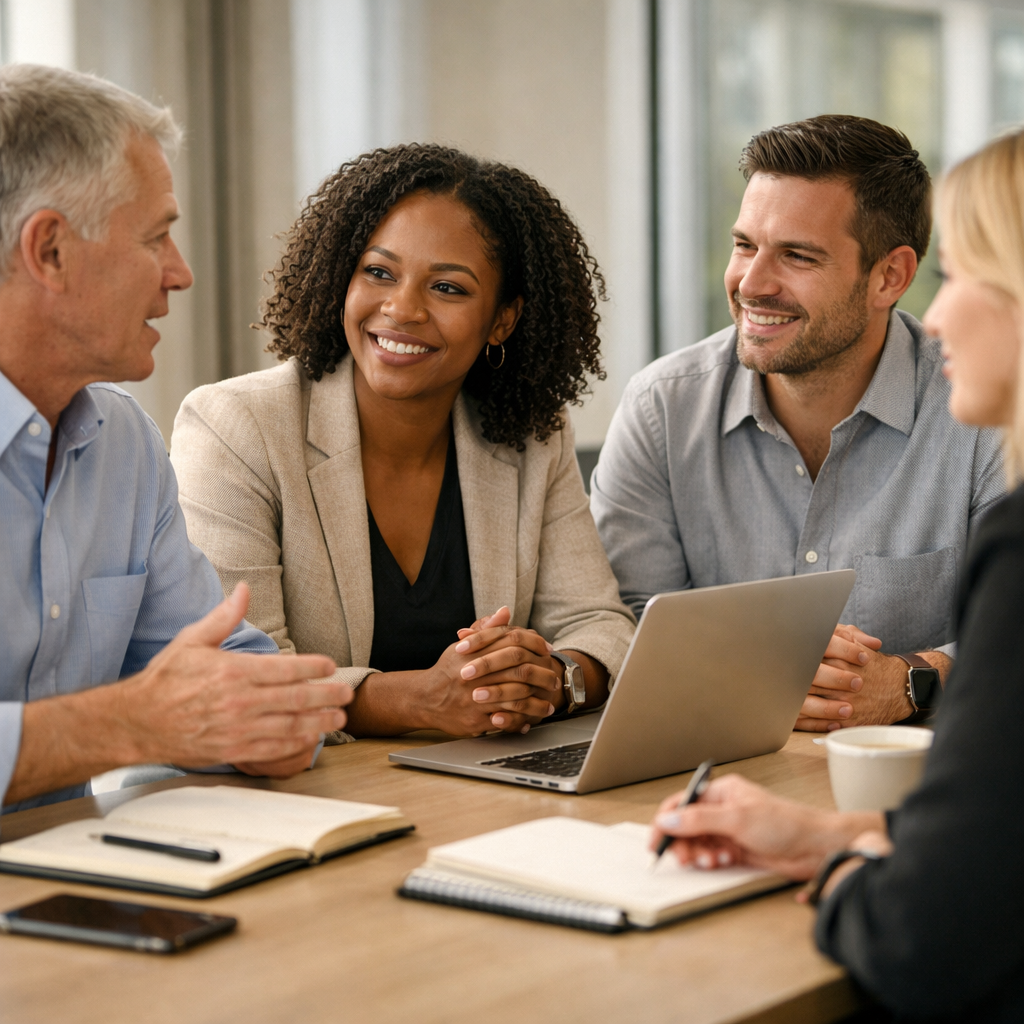 A group of people in a business meeting around a table, engaged in discussion with a laptop, notebooks, and pens, in a well-lit office with a plant in the background.