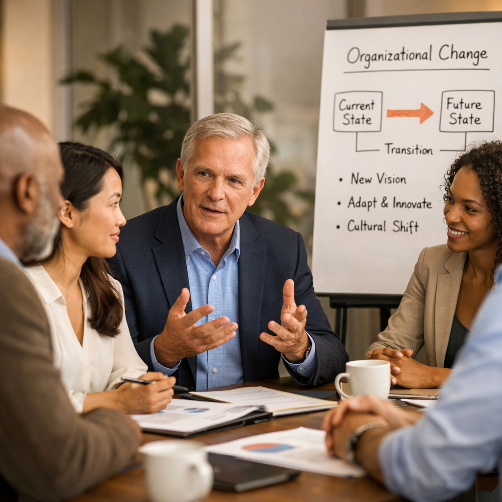 Man leading a discussion in a business meeting with colleagues, with a whiteboard behind him displaying notes on organizational change.