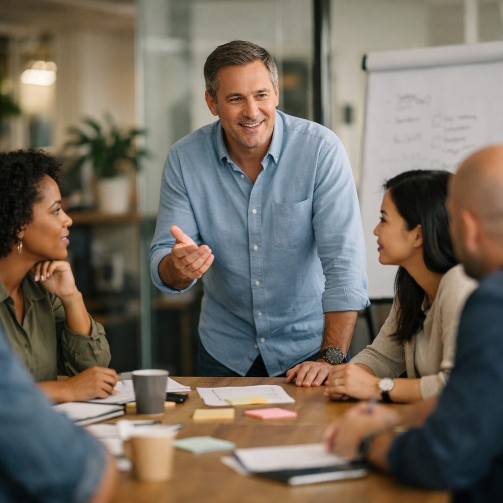 A group of six people sitting around a table in a meeting room, with a man speaking and gesturing, a laptop, notebooks, and a large plant in the background.