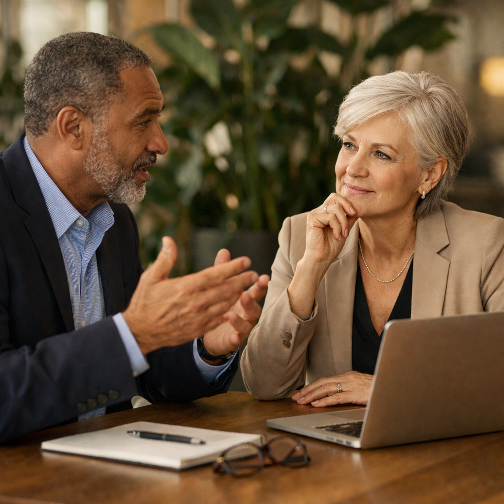 Two professionals having a discussion in an office setting. The man is speaking animatedly with his hands. The woman is listening thoughtfully with her hand resting on her chin. On the table are a notebook, a pen, eyeglasses, and a laptop.