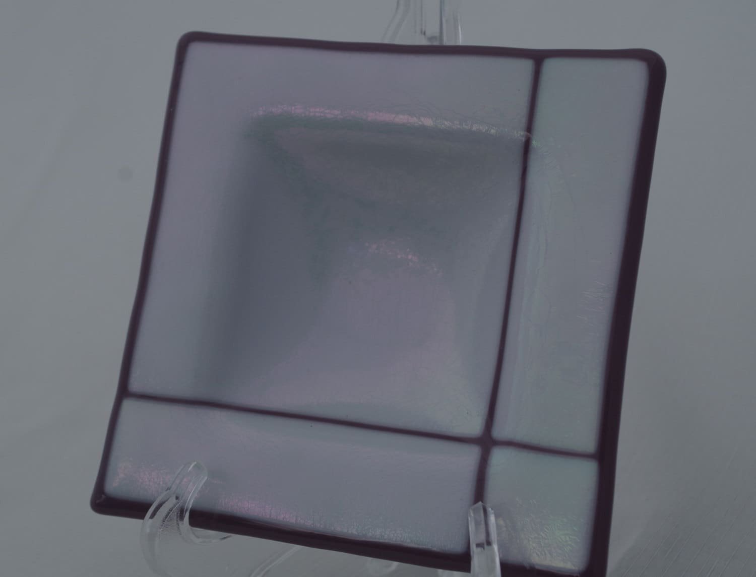 Beautiful  square bowl fused in lilac and iridescent art glass.